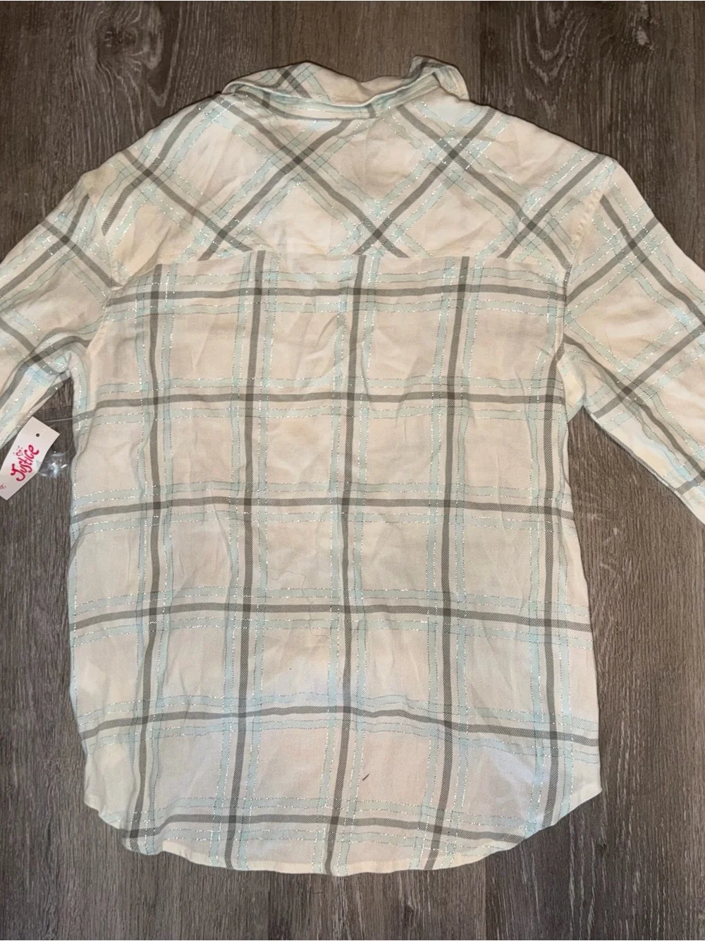 Justice Plaid Tie-Front Button-Up Shirt - Cream & Light Blue